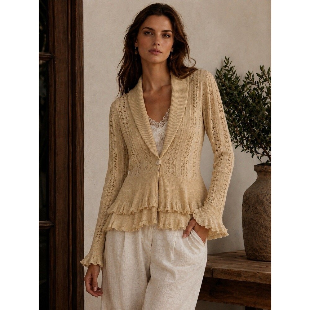 Ralph Lauren Tan Crochet Linen Cardigan Women’s Size XL Ruffle Hem Fairy - Picture 1 of 10
